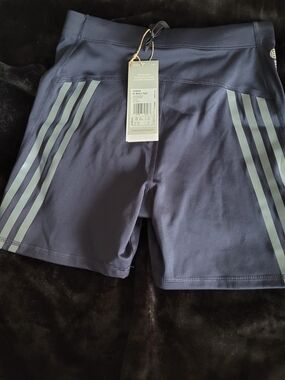 adidas Women's Navy Bike Shorts with Light Gray Stripes